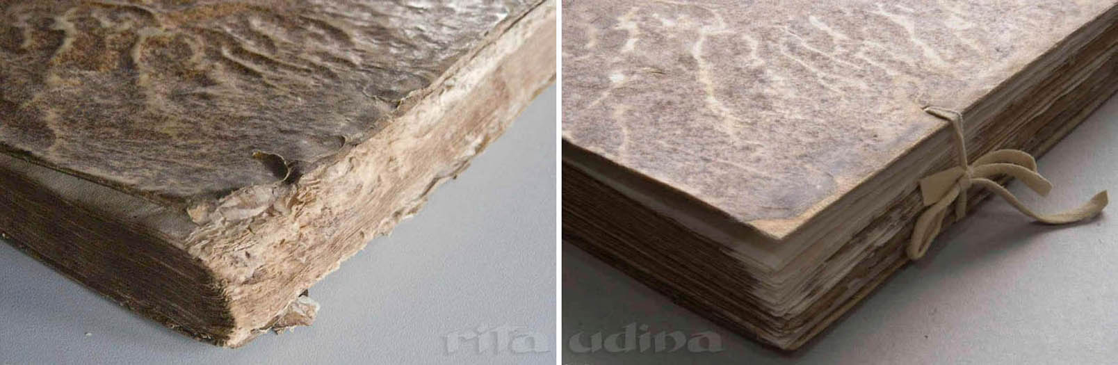 cantonera de pergamino en encuadernación semi-flexible, antes y después de la restauración